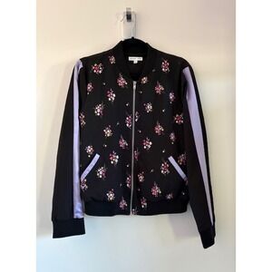 Jolie Vie Womens Floral Bomber Jacket Black Lavender Stripe Zip Up Size Large